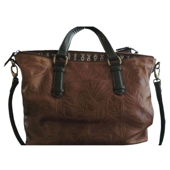 Tignanello Brown Leather Leaf Embossed Convertible Handbag - Picture 2 of 4